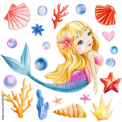 Mermaid  seashells  crown  bubbles  coral and pearl on an isolated white background. Watercolor drawing