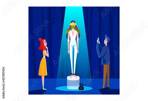 Contemporary art, gallery collection, exhibition museum, young people admire, design, cartoon style vector illustration.