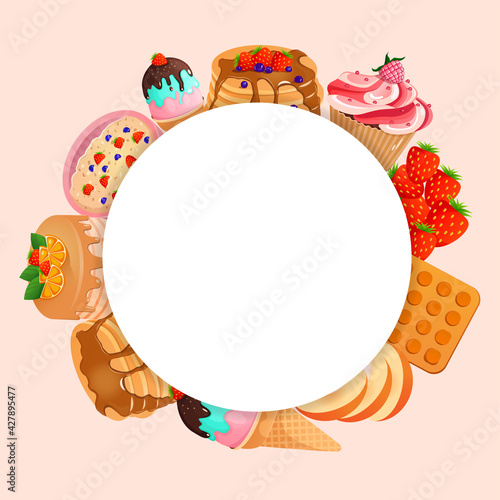 Round frame with sweets, cake, pancakes, ice cream, belgian waffles, cupcake, strawberries, raspberries, peaches for your design on a pink background. Vector illustration. Healthy food concept.