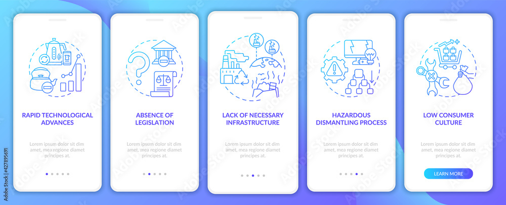 Toxic-waste manage challenges onboarding mobile app page screen with concepts. Infrastructure lack walkthrough 5 steps graphic instructions. UI, UX, GUI vector template with linear color illustrations