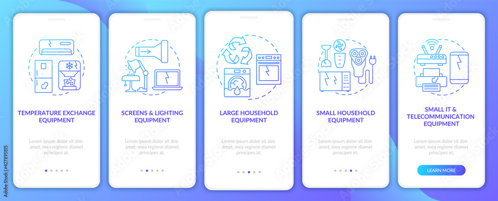 Toxic-waste types onboarding mobile app page screen with concepts. Large, small appliances walkthrough 5 steps graphic instructions. UI, UX, GUI vector template with linear color illustrations
