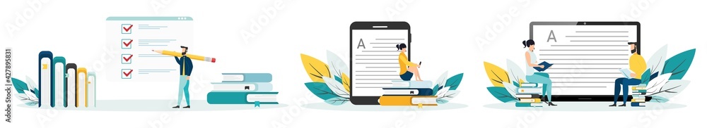 Online education vector illustration set. Concept of online courses. e-learning. digital library. e-book. online exam. examination and testing in university. college. Flat illustration for UI, banner. Online education vector illustration set. Concept of online courses. e-learning. digital library. e-book. online exam. examination and testing in university. college. Flat illustration for UI, banner.