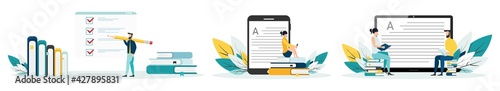 Online education vector illustration set. Concept of online courses. e-learning. digital library. e-book. online exam. examination and testing in university. college. Flat illustration for UI, banner.
