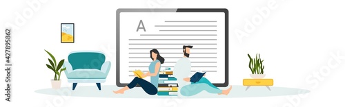 Online education vector illustration. Concept of online courses. e-learning. digital library. e-book. online exam. examination and testing in university. college. Flat illustration for UI, banner.