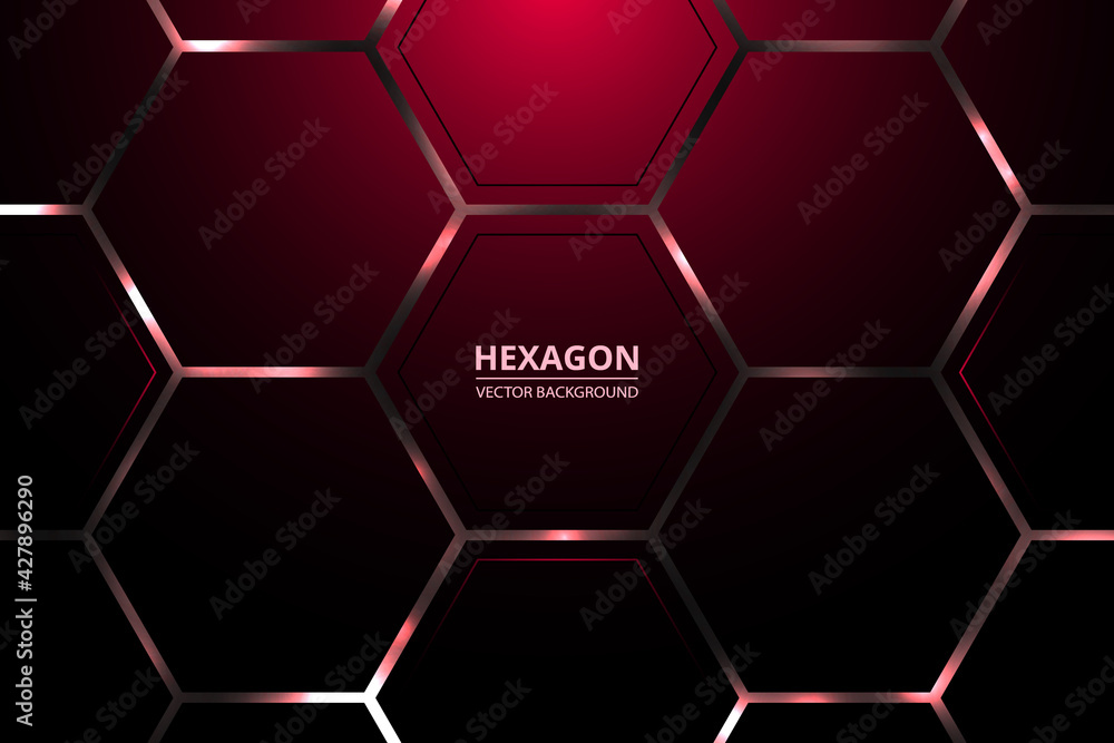 Hexagon technology vector background. Bright energy flashes under the burgundy hexagon in a dark modern futuristic illustration. Dark honeycomb texture. Hexagon technology vector background. Bright energy flashes under the burgundy hexagon in a dark modern futuristic illustration. Dark honeycomb texture.