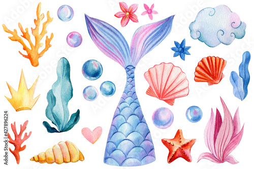 Mermaid tail, seashells, crown, bubbles, coral and pearl on an isolated white background. Watercolor drawing