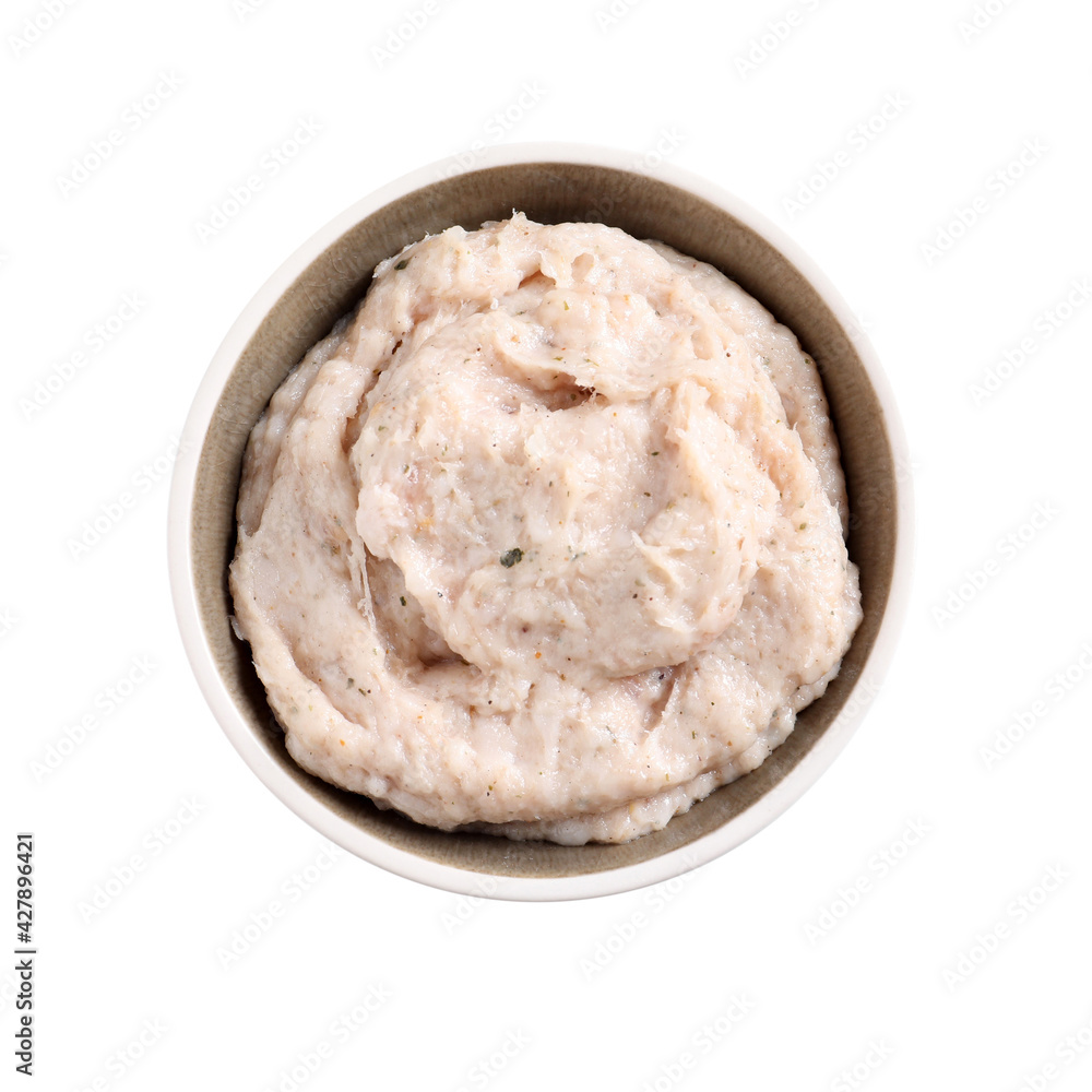 Delicious lard spread in bowl isolated on white, top view