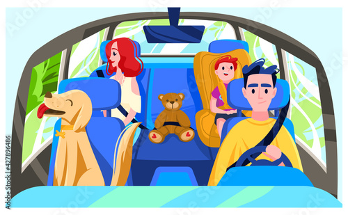 People drive car, driver's cabin, dog automobile, family vacation, child moving seat, design, cartoon style vector illustration.