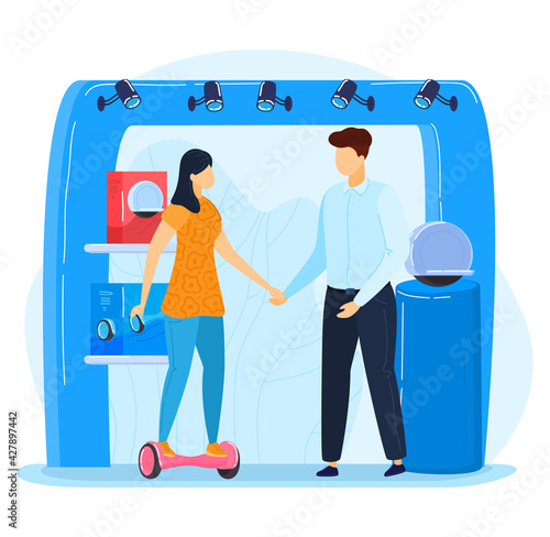 Promotion advertising stand hoverboard, advertising board wheel, drive electric riding, design, flat style vector illustration.