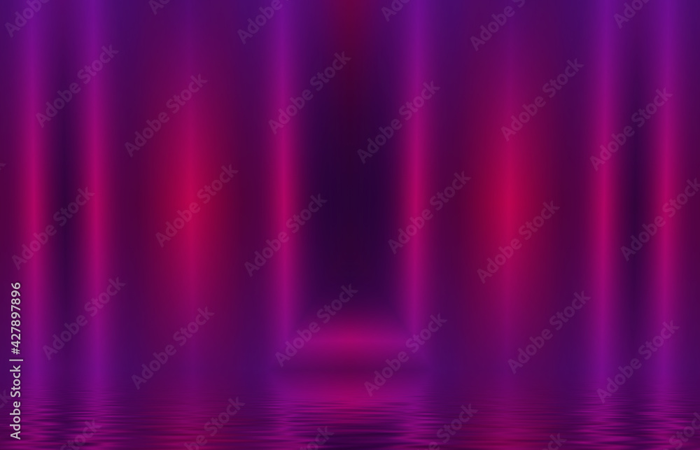 Abstract background. Neon multicolored light reflects on the water. Beach party, light show. Blurry lights glisten on the surface. 3d illustration Abstract background. Neon multicolored light reflects on the water. Beach party, light show. Blurry lights glisten on the surface. 3d illustration
