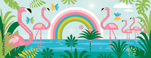 Flamingo   rainbow  palm leaves. Cartoon vector illustration  horizontal banner. 