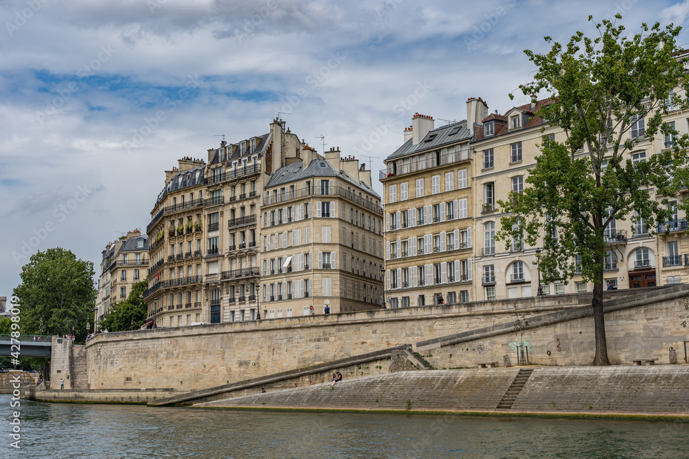 Historic Haussmann apartment buildings along the Seine river bank, Paris 