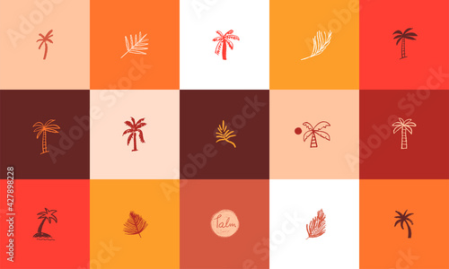 Tropical icons in vector for label organic cosmetics, travel company logo, hotel sign. Isolated palm leaf symbol. Logos set of palm tree. Logo of kids summer resort or children camp emblem.