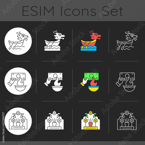 China national holidays dark theme icons set. Dragon boat festival. Burning money. Tomb sweeping day. Tuen Ng. Joss paper. Linear white, solid glyph and RGB color styles. Isolated vector illustrations