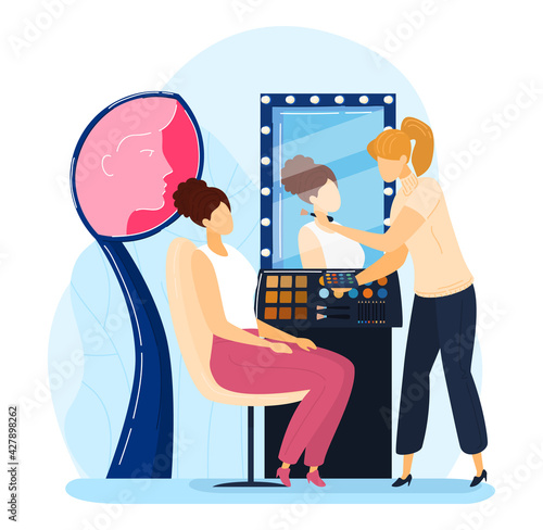 Booth exhibition, promotion makeup, girl fashion beauty salon, brush care cosmetics, design, flat style vector illustration.