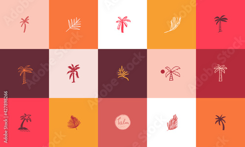 Tropical icons in vector for label organic cosmetics, travel company logo, hotel sign. Isolated palm leaf symbol. Logos set of palm tree. Logo of kids summer resort or children camp emblem.