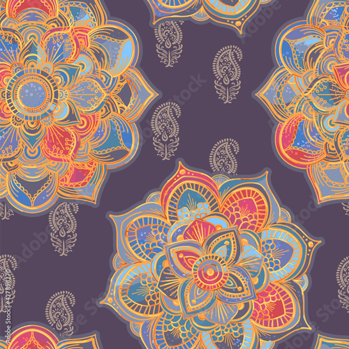Seamless background from in multilayer and multicolor mandalas and paisley. Oriental, Indian, Arabic and Asian vector ornament