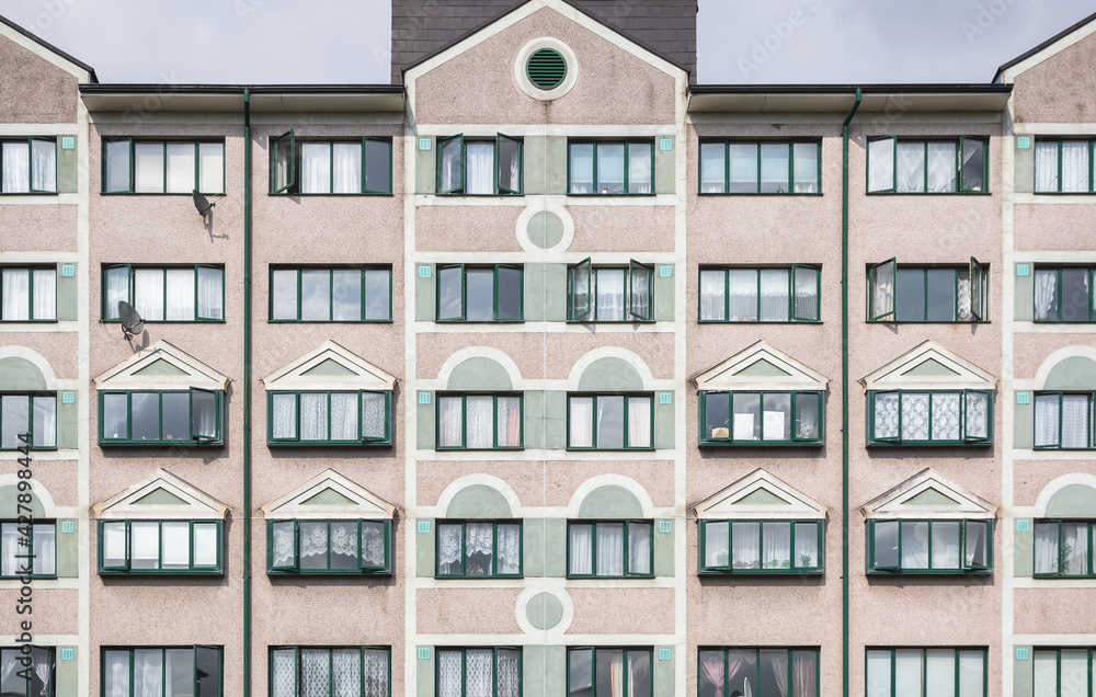 Facade of a council housing block at Lisson Green Estate in London