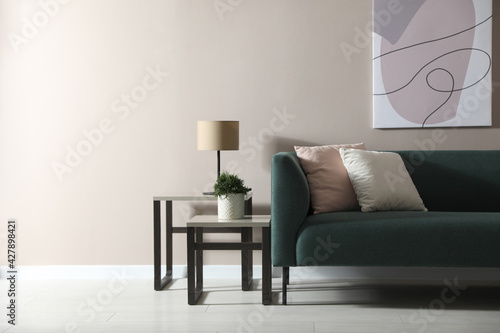 Stylish living room interior with comfortable green sofa and beautiful plant. Space for text