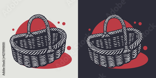 Mushroom picking. Wicker picnic basket for mushrooms fungus, fungi and flowers or vegetables