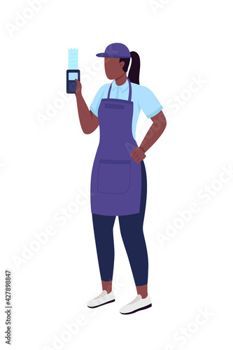 African american female cashier flat color vector faceless character. Grocery shop employee in uniform. Essential worker isolated cartoon illustration for web graphic design and animation