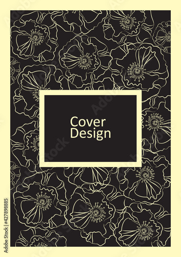 Business card with gold linear floral pattern on black background, modern design. Vector illustration.