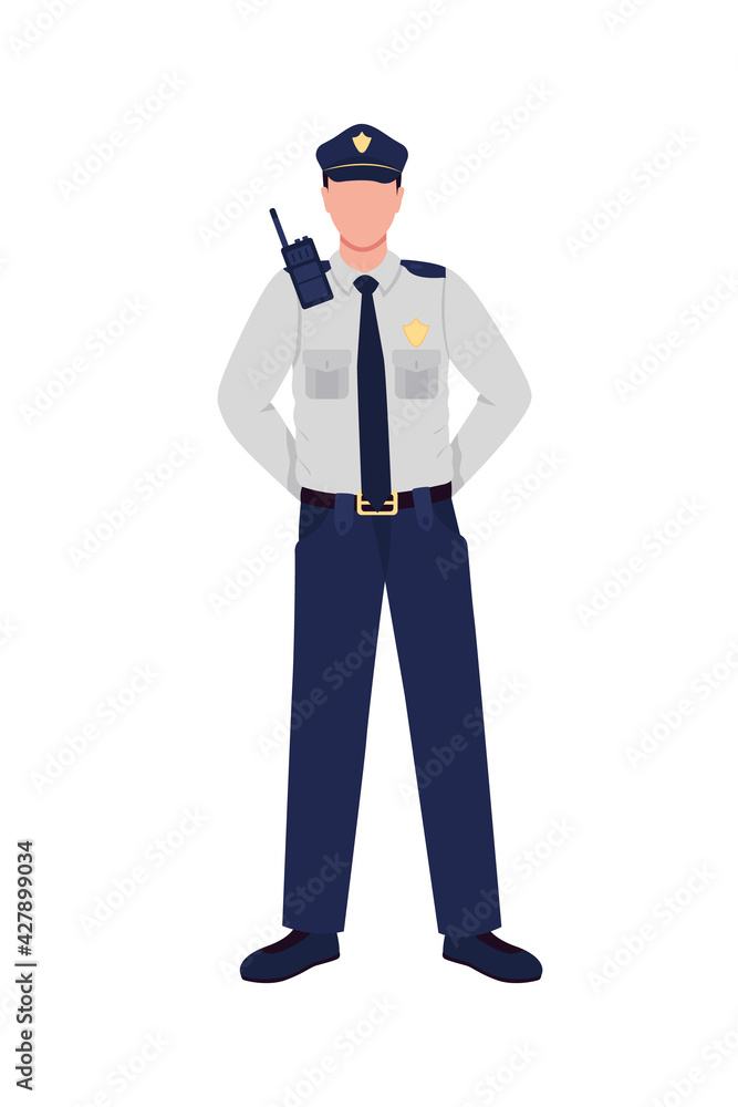 Police officer flat color vector faceless character. Policeman in uniform. Patrol guard. Law enforcement. Essential worker isolated cartoon illustration for web graphic design and animation