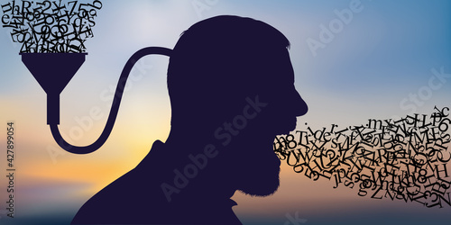 Concept de la manipulation et du lavage de cerveau avec un homme qui parle en répétant des informations entrées dans sa tête à l’aide d’un entonnoir. photo