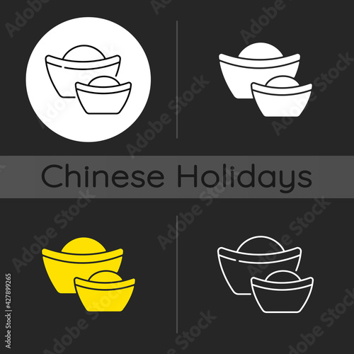 Chinese gold ingots dark theme icon. Wealth and prosperity symbol. Chinese new year. Sycee, yuanbao. Veneration. Linear white, simple glyph and RGB color styles. Isolated vector illustrations