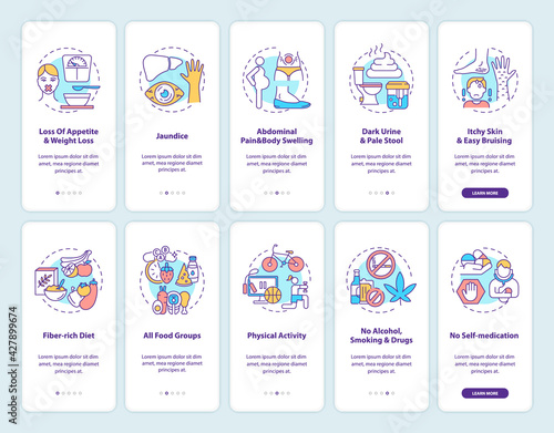Liver health onboarding mobile app page screen with concepts set. Symptoms prevention walkthrough 5 steps graphic instructions. UI, UX, GUI vector template with linear color illustrations