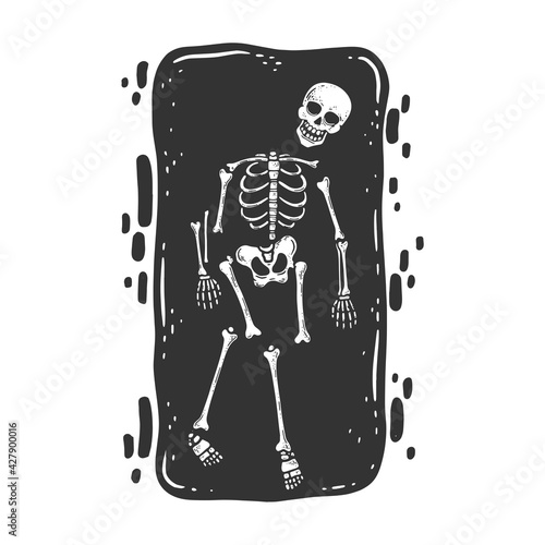 Skeleton bones and human remains found in archaeological excavations in prehistoric grave sketch engraving vector illustration. T-shirt apparel print design. Black and white hand drawn image.