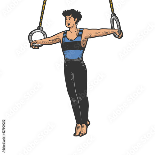 Gymnast performing iron cross on steady rings color sketch engraving vector illustration. T-shirt apparel print design. Scratch board imitation. Black and white hand drawn image.