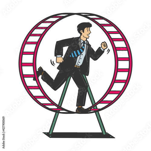 Businessman run in the hamster wheel color sketch engraving vector illustration. Metaphor of useless work. T-shirt apparel print design. Scratch board style imitation. Black and white hand drawn image