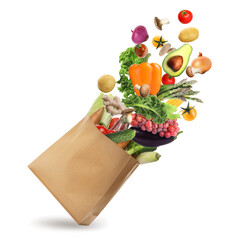 Paper bag with vegetables and fruits on white background. Vegetarian food