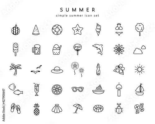 夏のアイテムのアイコンのセット イラスト 線 海 夏休み 花火 シンプル スイカ ひまわり Stock ベクター Adobe Stock