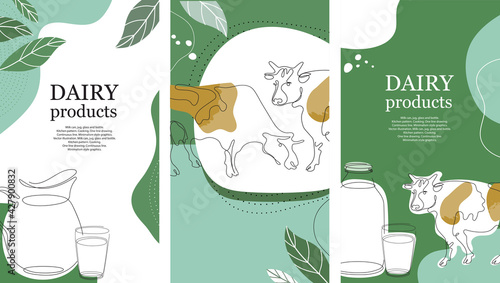 Set of backgrounds. Dairy products. Milk jug and glass. Abstract design.