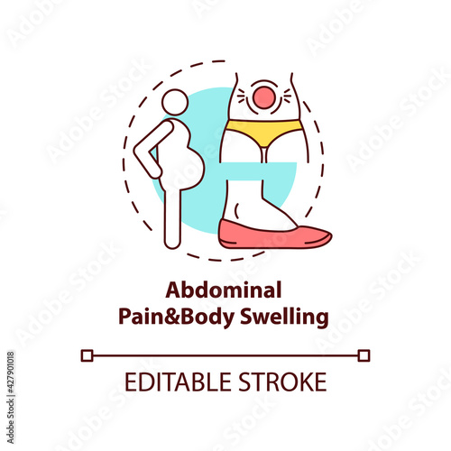 Abdominal pain and body swelling concept icon. Liver disease symptom idea thin line illustration. Swollen belly. Pain in legs and ankles. Vector isolated outline RGB color drawing. Editable stroke