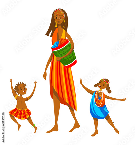 Ethnic family, africa tribe, mom kids funny, beautiful african woman, isolated on white, design, cartoon style vector illustration