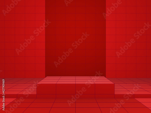 3D rendering. Red grid geometric product stand mockup.