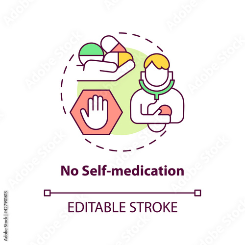 No self-medication concept icon. Liver health requirement idea thin line illustration. Rational antibiotics use. Leading to damage, failure. Vector isolated outline RGB color drawing. Editable stroke