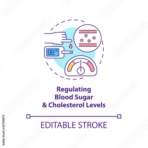 Regulating blood sugar and cholesterol levels concept icon. Liver function idea thin line illustration. Heart disease risk prevention. Vector isolated outline RGB color drawing. Editable stroke