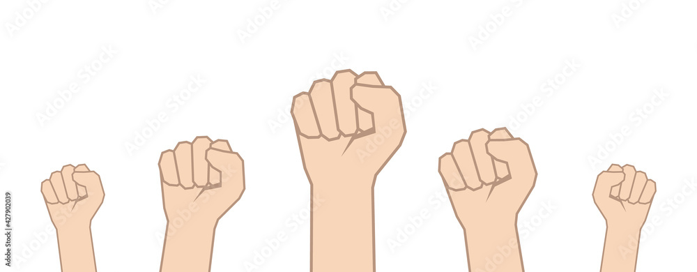 Vector illustration: set of Fists hands up on white background. Unity concept, revolution, fight, protest. Vector illustration: set of Fists hands up on white background. Unity concept, revolution, fight, protest.