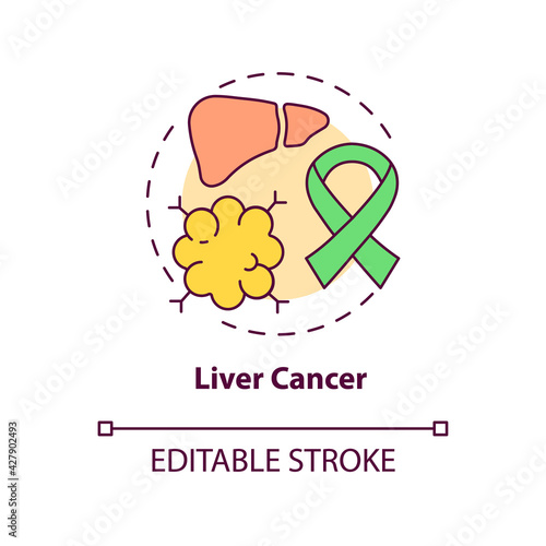 Liver cancer concept icon. Liver failure outcome idea thin line illustration. Hepatocellular carcinoma. Organ damage and scarring. Vector isolated outline RGB color drawing. Editable stroke