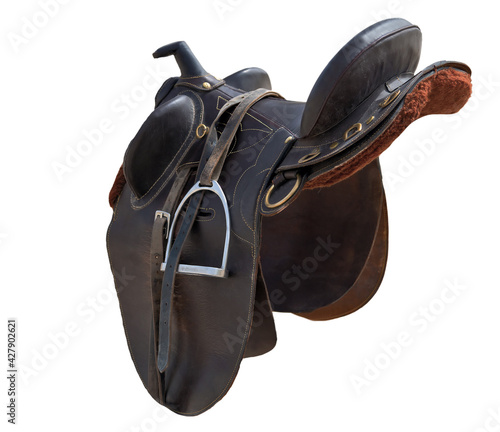 Saddle leather with stirrups.
