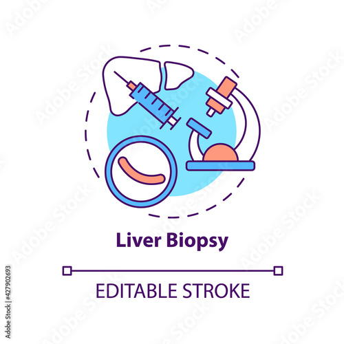 Liver biopsy concept icon. Liver diagnostics idea thin line illustration. Tissue sample collection. Disease indication under microscope. Vector isolated outline RGB color drawing. Editable stroke