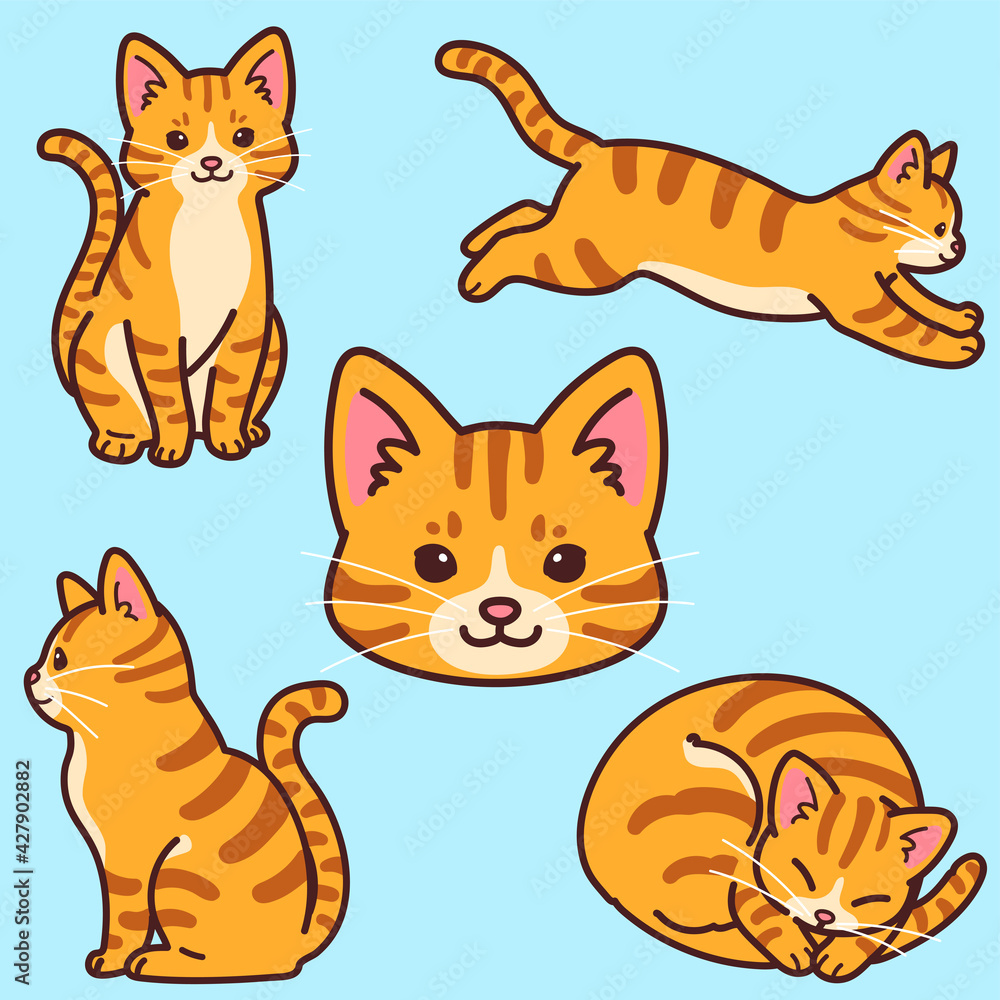 Set of simple and adorable Orange Tabby cat illustrations outlined