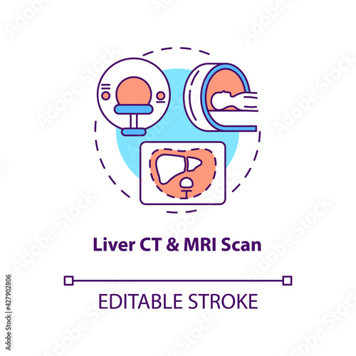 Liver CT and MRI scan concept icon. Liver cancer diagnostics idea thin line illustration. Radiology testing. Detecting hepatic metastases. Vector isolated outline RGB color drawing. Editable stroke