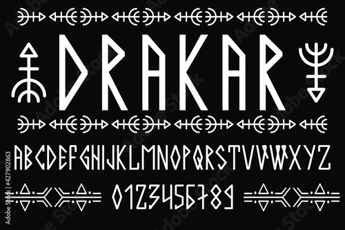 Scandinavian script, in capital letters in the style of nordic runes. Modern design. A magical rune font in the ethnic style of the northern peoples. Latin letters, numbers. Vector illustration. 