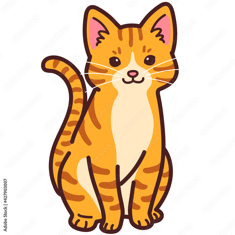 Simple and adorable Orange Tabby cat sitting in front view outlined