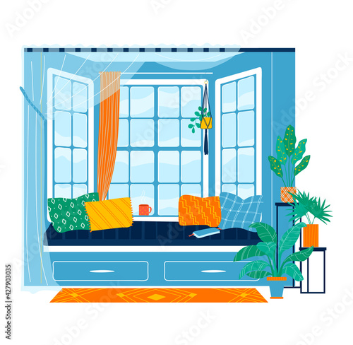 Large windows interior, comfortable window sill, cozy landscape seat, isolated on white, design, flat style vector illustration.